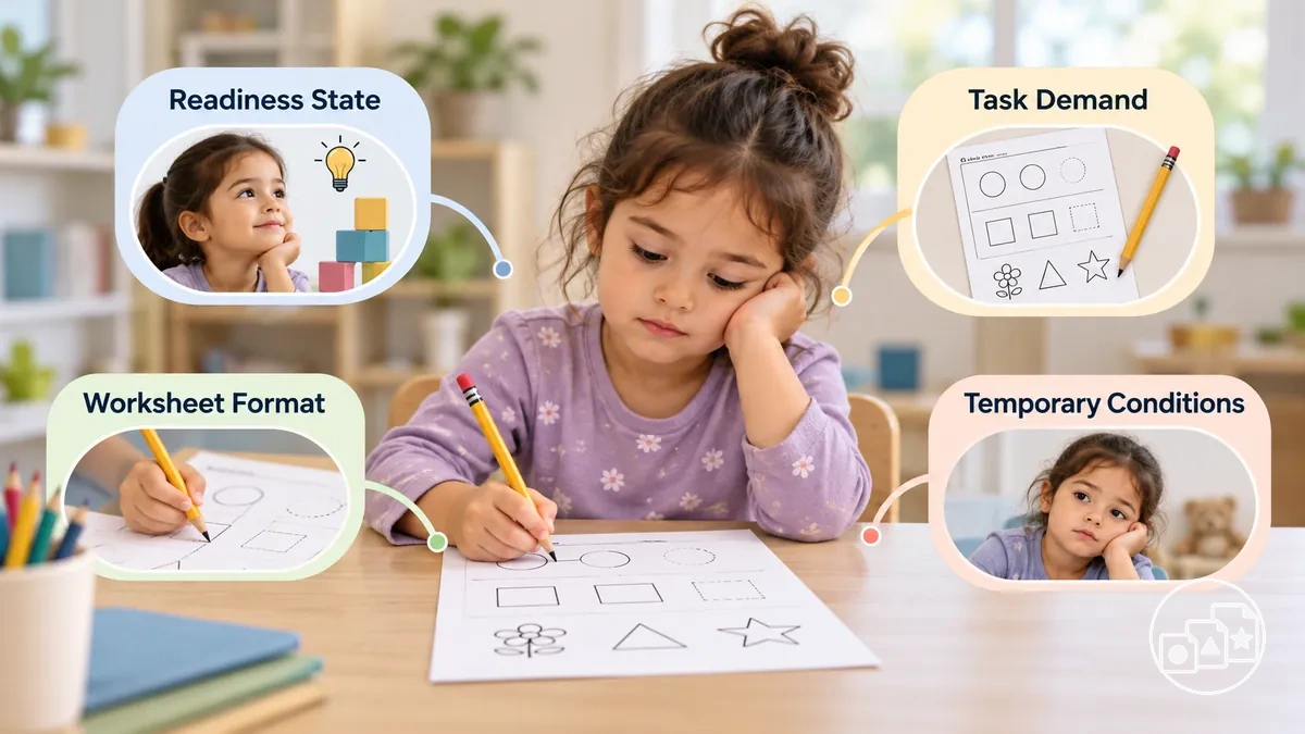 Kind, das ein Arbeitsblatt zur Kindergarten-Vorbereitung bearbeitet, mit dargestellten Aufgaben-, Format-, Ausgabe- und vorübergehenden Leistungsanforderungen.