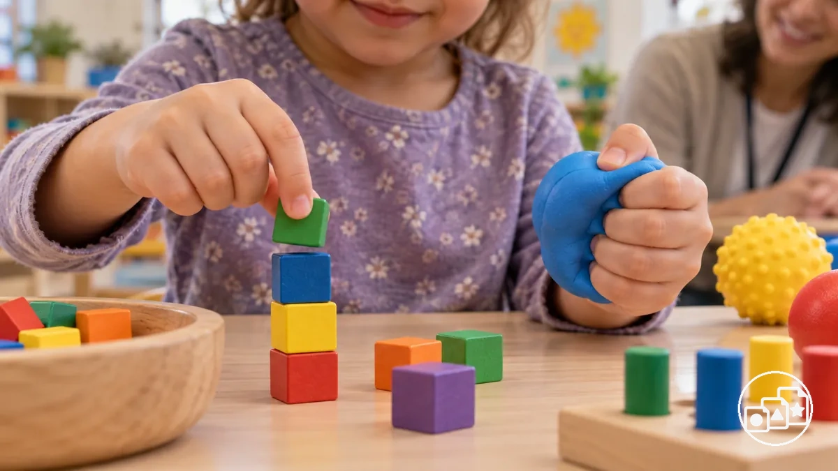 Kind, das mit Fingerkraft und präzisem Pinzettengriff kleine Gegenstände im Klassenzimmer handhabt