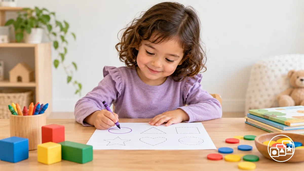 Kind, das eine einfache Vorschul-Arbeitsblattaufgabe erledigt, die den derzeitigen Fähigkeiten und dem Lernzweck entspricht
