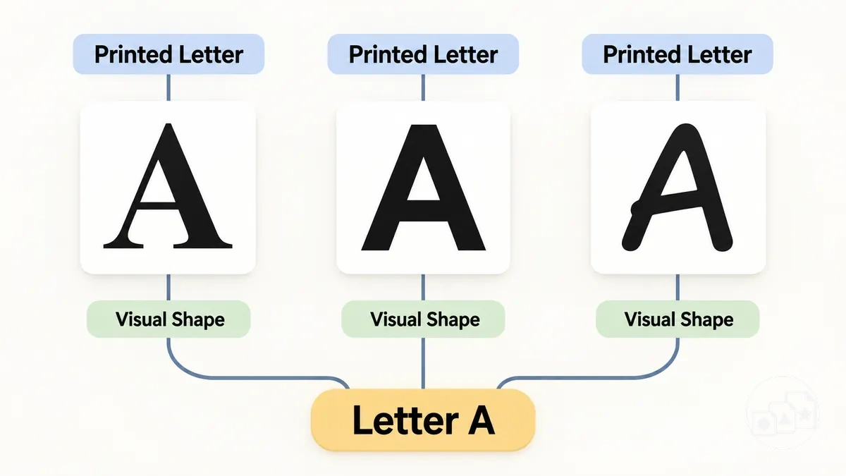 Printed examples of the same letter used to practise name and shape recognition.