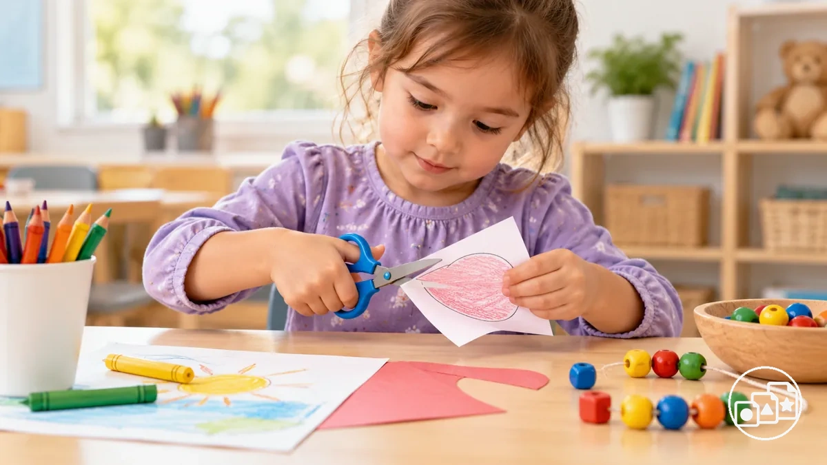 Tareas de Infantil de motricidad fina que muestran control del lápiz, recorte y manipulación de objetos pequeños