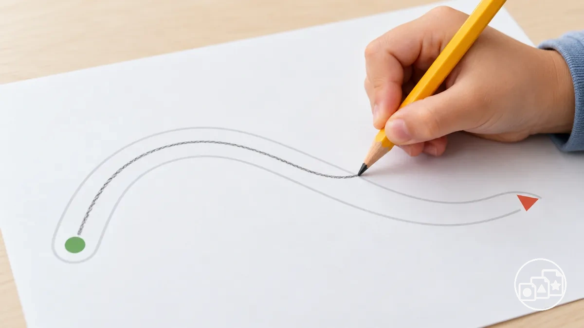 Niño que controla un lápiz por un camino sencillo de preescritura