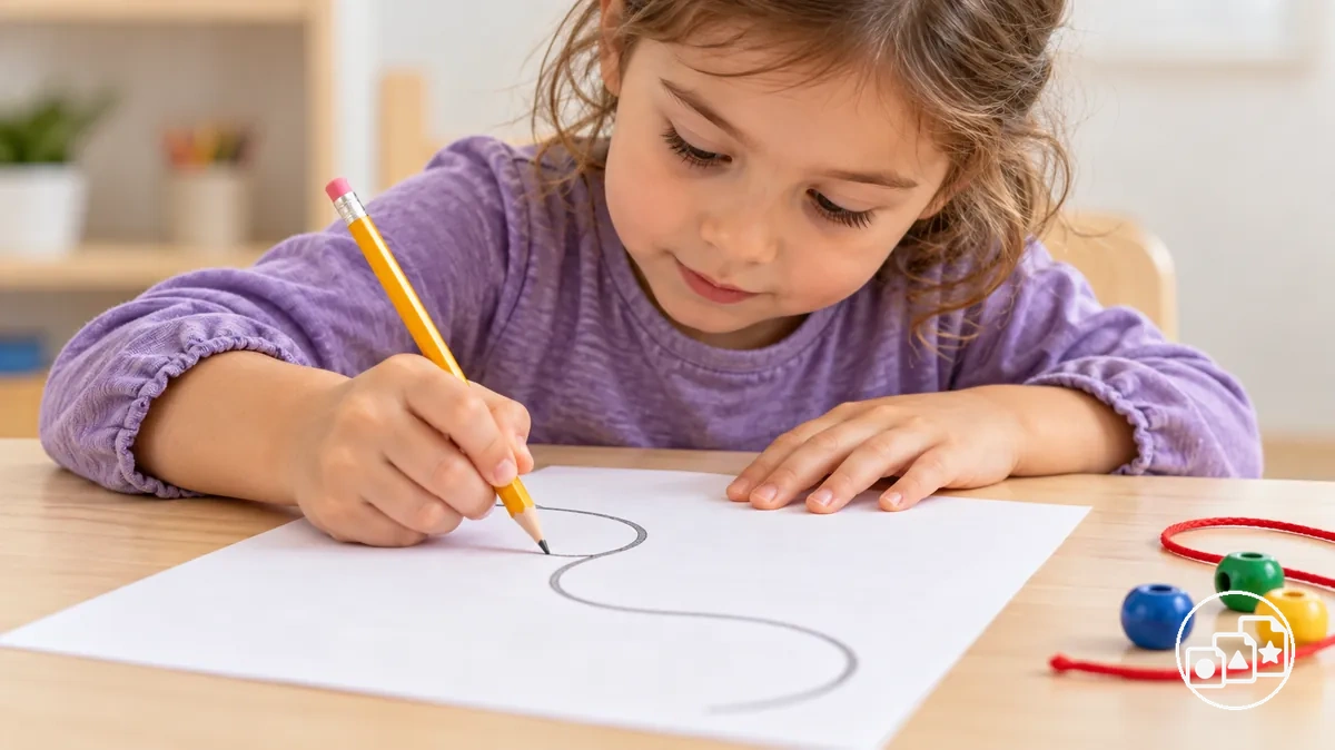 Niño usando la coordinación ojo-mano para guiar una tarea de motricidad fina a lo largo de un objetivo visible