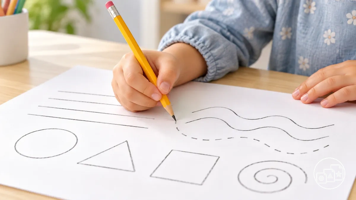 Marcas de preescritura que muestran líneas controladas y formas simples antes de la escritura manual