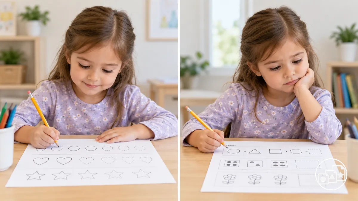 Enfant qui progresse sur une fiche et marque une pause sur un élément plus exigeant d'une autre fiche inachevée