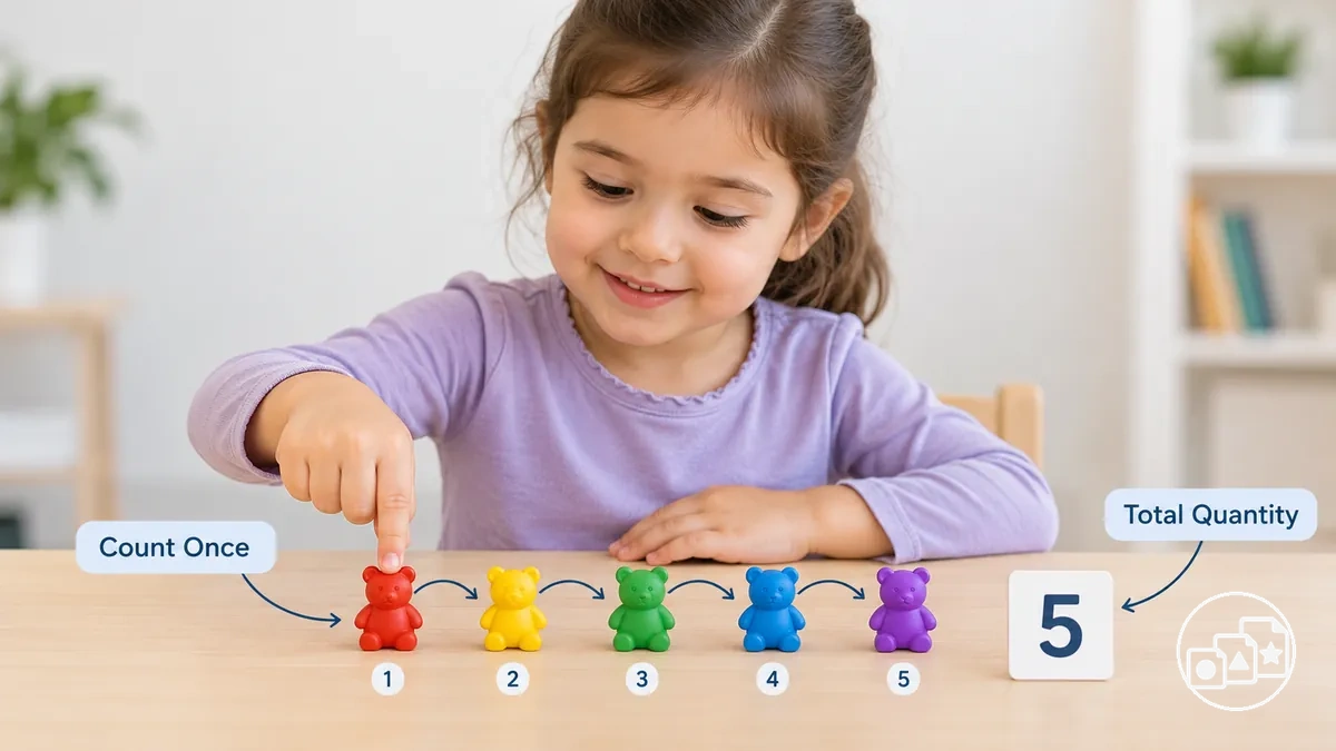Criança contando objetos com correspondência um a um e identificando a quantidade total