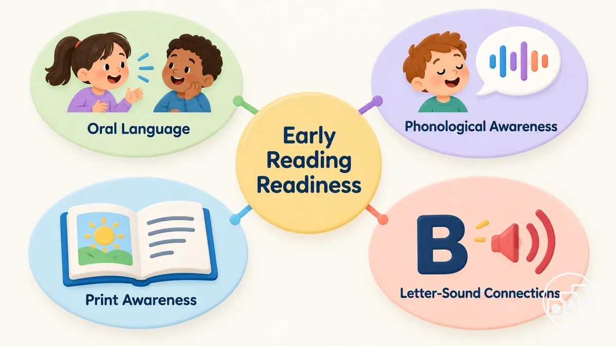 Anaokulundan önce okuma hazırlığını destekleyen dört erken okuryazarlık beceri alanını gösteren diyagram